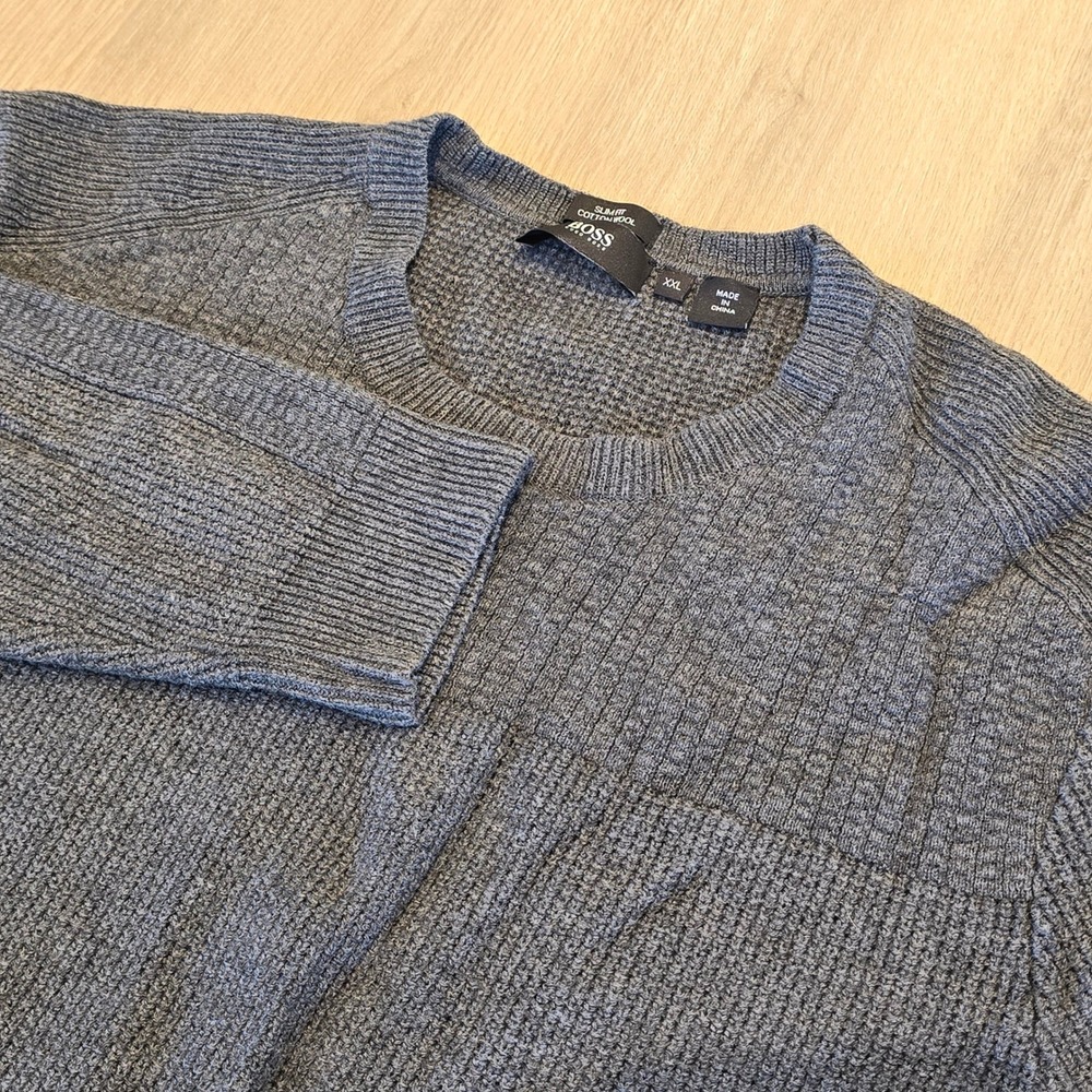 Hugo Boss Mens XXL Slim Fit Cotton Wool Sweater Charcoal Grey Crew Neck Knit